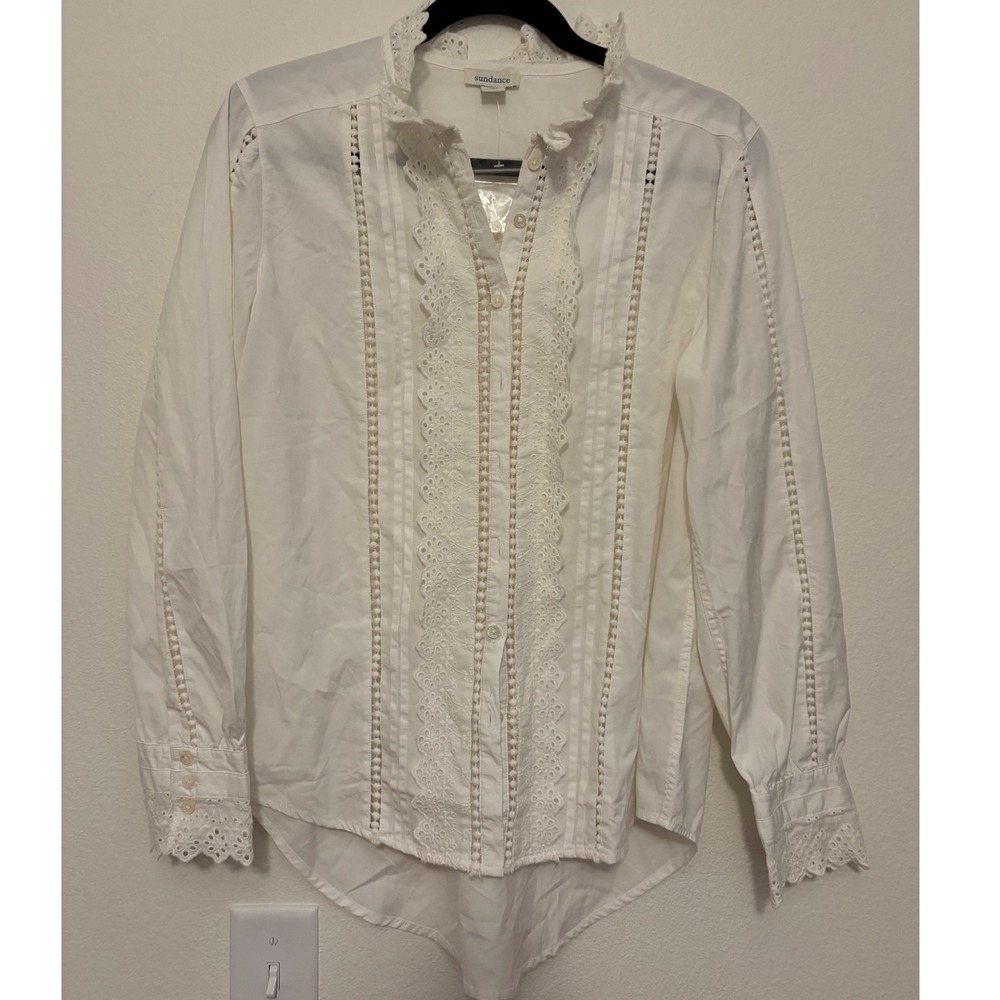 Sundance White Eyelet Lace Blouse Cotton Boho Cottagecore Prairie Top Medium zz - Picture 2 of 7
